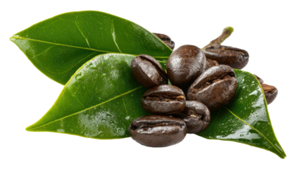 Roasted coffee beans with vibrant green leaves