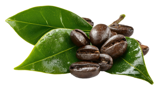 Roasted coffee beans with vibrant green leaves