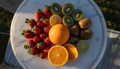 Vibrant overhead view of freshly washed strawberries, sliced oranges, and whole kiwis artfully arranged on a round marble plate, perfect for healthy snacking