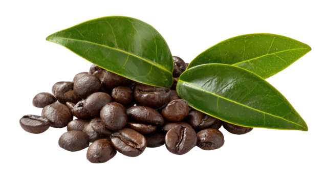Dark roasted coffee beans with vibrant green leaves
