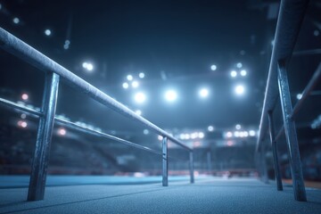 Experience the thrill of night gymnastics at an arena featuring parallel bars, rings, and balance beams for high-level athletic performances
