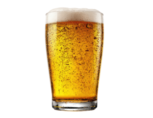 Tall glass filled with golden, bubbly liquid topped with frothy foam