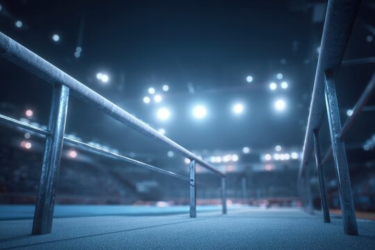 Experience the thrill of night gymnastics at an arena featuring parallel bars, rings, and balance beams for high-level athletic performances