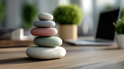 Harmonious office scene combining technology and balance elements for peaceful productive workspace