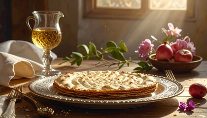 Stack of matzo crackers on a dark plate garnished with green herbs and white flowers. Set atop a striped cloth with spoon nearby, evoking a traditional, elegant Passover presentation.
