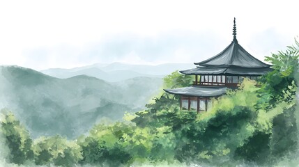 Serene Japanese temple watercolor painting tranquil hilltop landscape misty mountains artistic scenery
