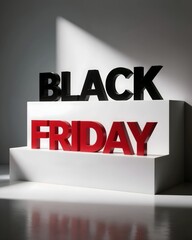 Black and red 3D ‘BLACK FRIDAY’ text on tiered platform with dramatic diagonal light and shadows
