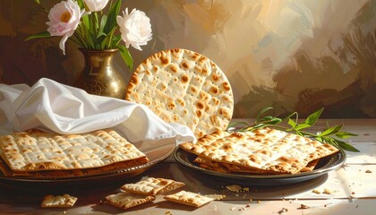 Stack of matzo crackers on a dark plate garnished with green herbs and white flowers. Set atop a striped cloth with spoon nearby, evoking a traditional, elegant Passover presentation.