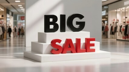 Black ‘BIG’ and red ‘SALE’ 3D text on white tiered display in busy mall