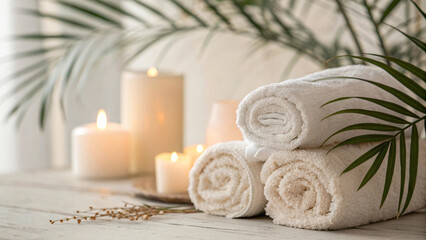 A tranquil spa still life with candles, towel, and leaves is set for aromatherapy and relaxation