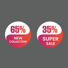 Modern circular sale tags featuring percentages and text like new collection and super sale, isolated on grey background
