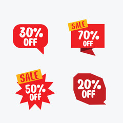 Set of four red and yellow sale tags with different discount percentages and sale text, isolated on white background