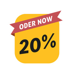 Order now 20 percent off sale tag with red ribbon on yellow background, isolated on white background