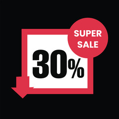 Super sale 30 percent off square sign with red border and circle, black background