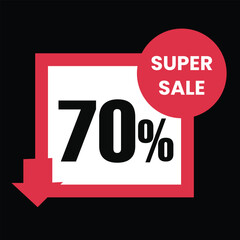 Super sale 70 percent off, red and white graphic with arrow, isolated on black background