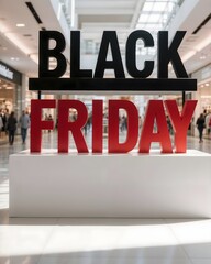 Black and red ‘BLACK FRIDAY’ display sign on white stand in bright shopping mall