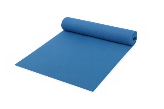Blue yoga mat partially unrolling, providing equipment for fitness, exercise, and wellness activities on transparent background - Powered by Adobe