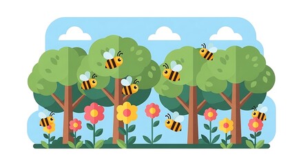 Fototapeta premium Cartoon Bees Flying Around Trees and Flowers in a Sunny Garden.