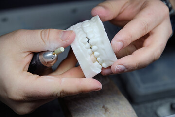 Dental technician using a drill to adjust and polish a large jaw model.