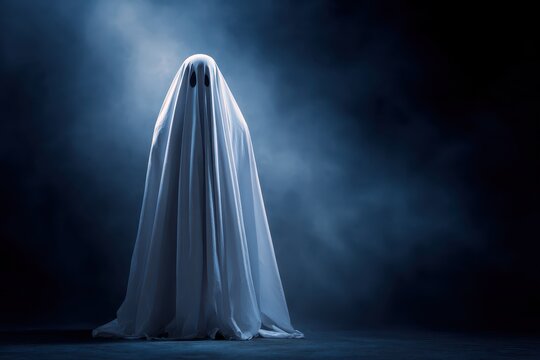 Scary ghost figure appears on a dark background, enhancing the eerie atmosphere with its haunting presence and spectral appearance
