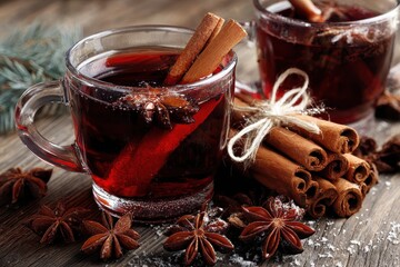 Preparing a festive Christmas drink with cinnamon sticks and anise stars on a cozy winter table