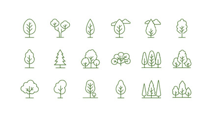 Set of tree line icons. Vector assortment. Different thin and simple outlines. Design elements grouped together