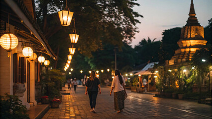 Chiang Mai city street at evening with a glowing lights and old architecture