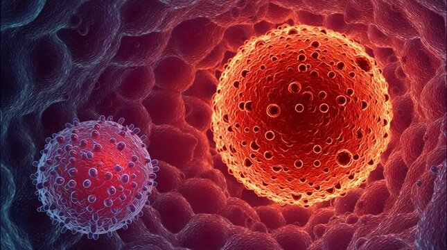 Conceptual scientific visualization highlighting extreme scale contrast, with a tiny virus particle beside a colossal, planet-sized cell, emphasizing microscopic versus macroscopic biology.
