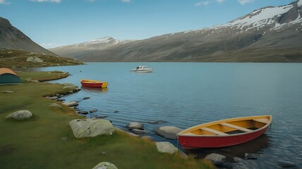 Two canoes rest on the shore of a vast lake with mountains in the background