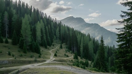 Mountain landscape with a winding path through a dense pine forest