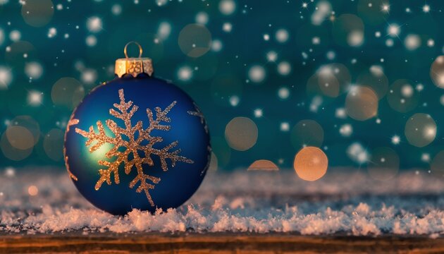 Vibrant blue Christmas ornament with a golden snowflake design resting on a snowy surface, illuminated by festive bokeh lights against a serene winter background