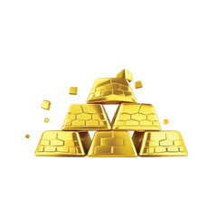 A pyramid of shiny gold bars stacked on a white background with small gold cubes floating around.