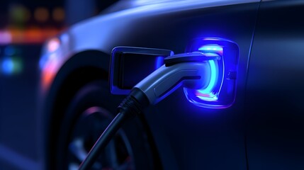 Electric vehicle charging at night with illuminated plug, showcasing modern technology in urban setting