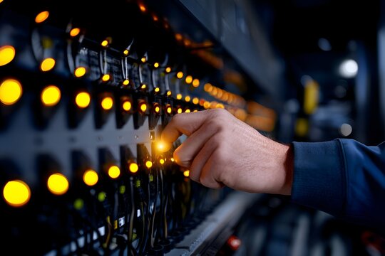 Technician adjusting illuminated control panel in a dimly lit server room, showcasing technology in action
