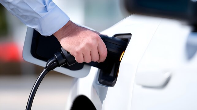 Hand connecting electric vehicle charger to car in a bright outdoor setting, showcasing eco-friendly technology