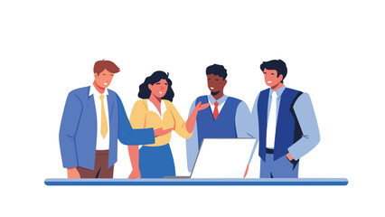 Diverse team of four professionals collaborating around a laptop on a white background illustrating teamwork and business discussions