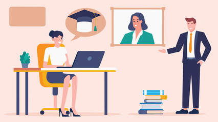 A woman studying online with a graduation cap thought bubble and a teacher presenting a lesson on a screen