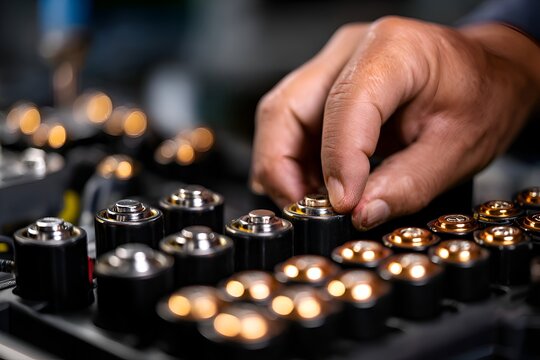 Close-up of a technician's hand installing components on a circuit board in a modern workshop