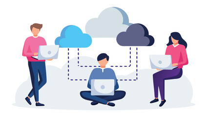 Diverse team of people collaborating and connecting through cloud technology on their laptops in a modern flat design illustration