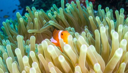 A vibrant orange clownfish peeks out from within a sea anemone's tentacles.
