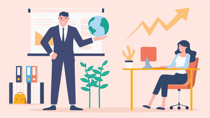 Man holding planet earth in office presentation with woman working at desk and upward trending graph