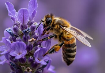 Macro shot of a honeybee on a lavender flower