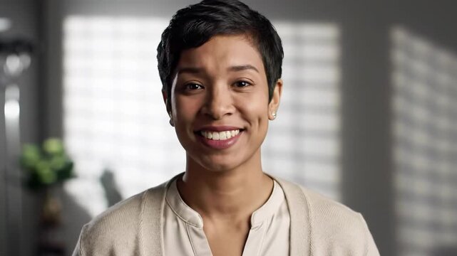 A diverse individual in soft, neutral professional attire, close-up from mid-chest, subtly gestures with an open hand and offers a reassuring smile. Slow push-in video with bokeh against a blurred