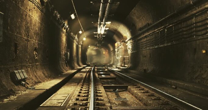 Rusty train tracks lead through a dark, abandoned underground tunnel. Flickering lights cast eerie shadows on the walls, evoking a sense of mystery and desolation.