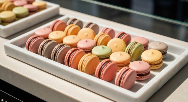Array of colorful macarons on white marble trays, bakery showcase