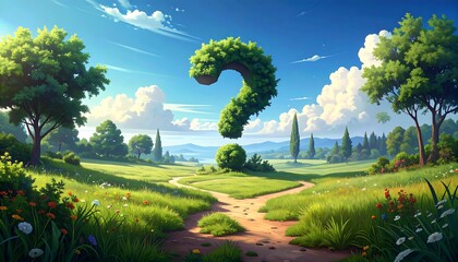 A scenic landscape featuring a question mark made of trees and a fork in the road