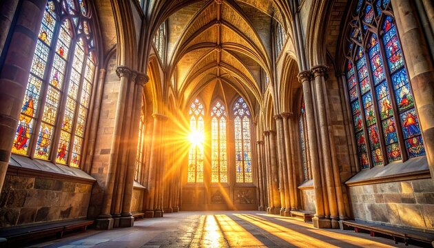 Sunlight shining through stained glass windows inside gothic cathedral