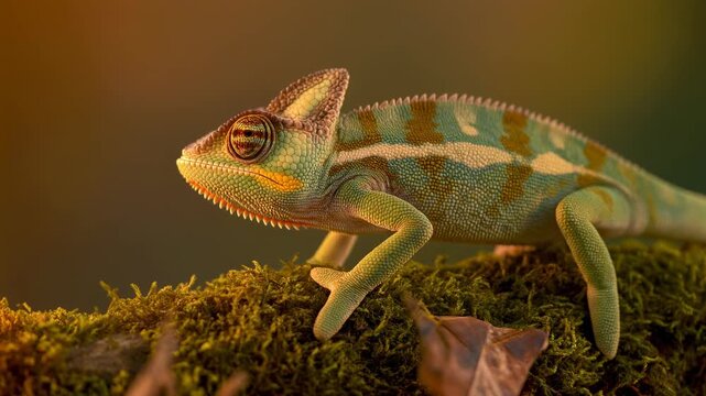 Colorful Chameleon Closeup on Moss Branch Wildlife Portrait