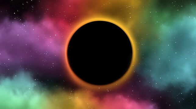 Mysterious solar eclipse against a colorful galaxy background. The sun is blocked by the moon, creating a captivating celestial event