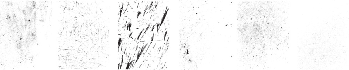 Set of six grunge textures with distressed surfaces for branding, packaging, print templates, and digital design backgrounds. Vectors